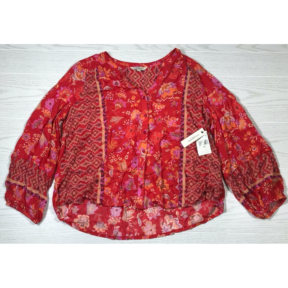 Liverpool Blouse Womens 1X Red Floral Button Up Tunic Plus Size Lightweight New